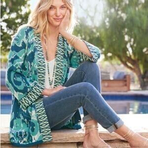 Soft Surroundings Women's Size XL Blue Patterned Cleo Topper Cardigan